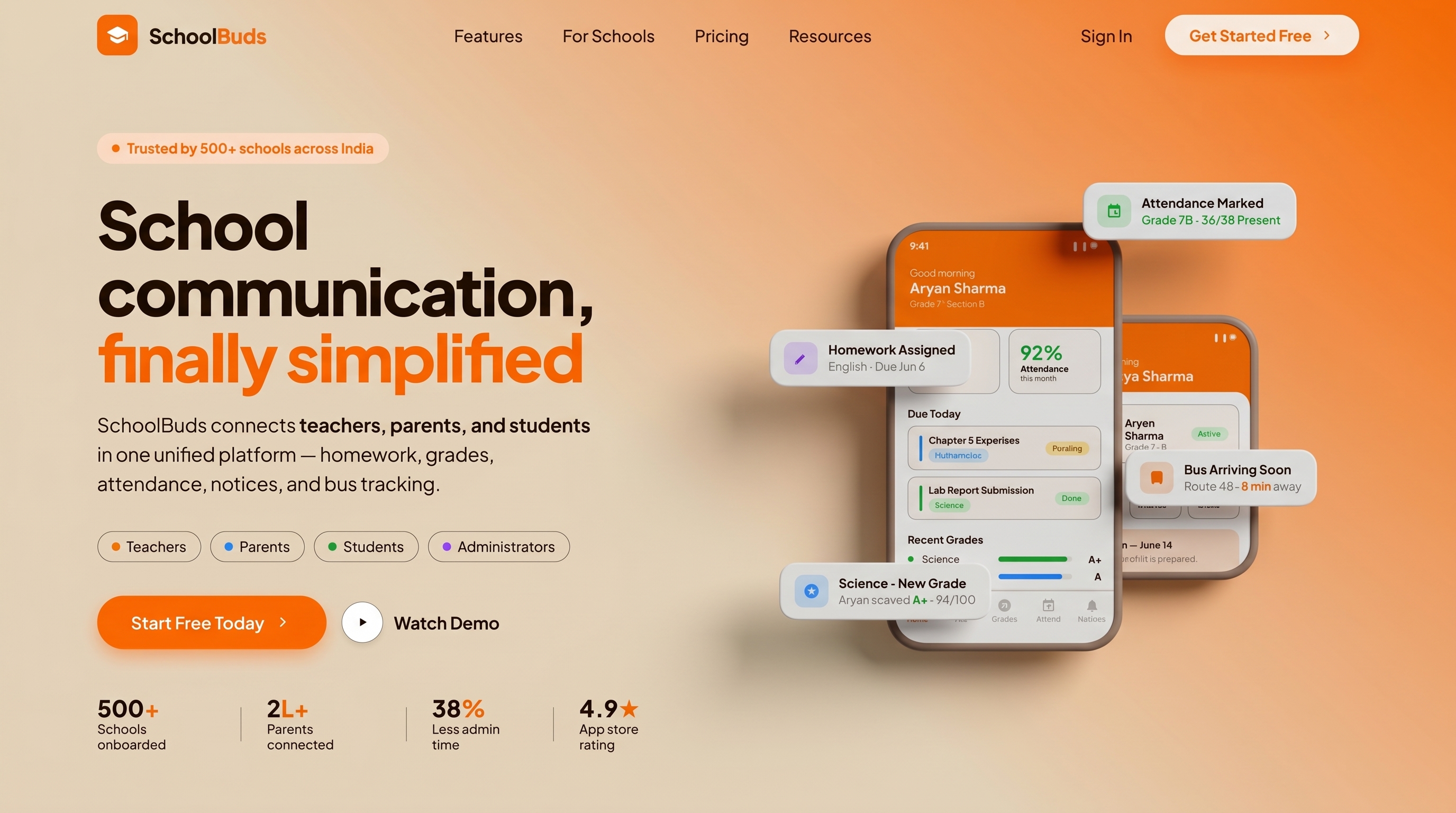 SchoolBuds dashboard and communication app preview card