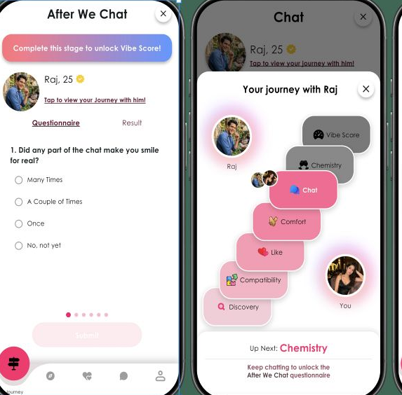 Vyybee after-chat questionnaire and journey screens